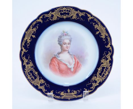 19/20th Century Sevres Portrait Plate. Painted with a bust-length portrait of Duchess de Berry. Cobalt and gold decorated bor