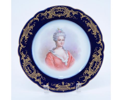 19/20th Century Sevres Portrait Plate. Painted with a bust-length portrait of Duchess de Berry. Cobalt and gold decorated bor