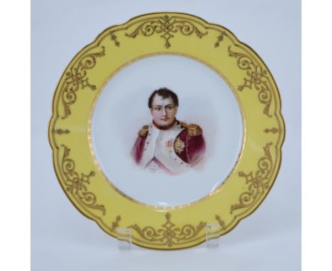 19/20th Century Sevres Portrait Plate. Painted with a bust-length portrait of Napoleon. Gold decorated yellow border. Artist 