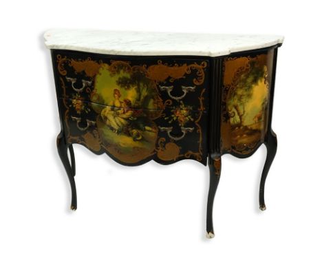 20th Century Louis XV Style and Vernis Martin Style Black Lacquer and Gilt Marble Top Commode. Two fitted drawers with gilt b