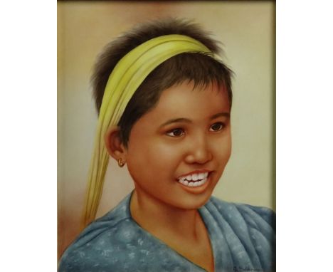 Maria Teresa Saldarriaga, American  (1954 - ) Contemporary Plaque Hand Painted Porcelain Plaque "Young Girl With Headband" Si