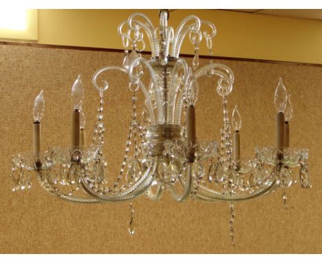 Early 20th Century Cut Crystal Glass Eight (8) Arm Chandelier with Teardrop Prisms. Possibly Waterford. Very Good Condition. 