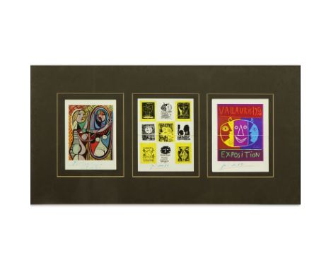 Three Colored Card Reproductions of Picasso Posters. Signed Picasso in blue. Light toning and 2 with creases. Framed under gl