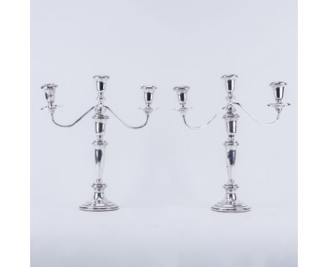 Pair Empire Weighted Sterling 3 Arm Candelabra. Signed. Minor bends, dings. Measure 13-1/2" H. Shipping $78.00 (estimate $300