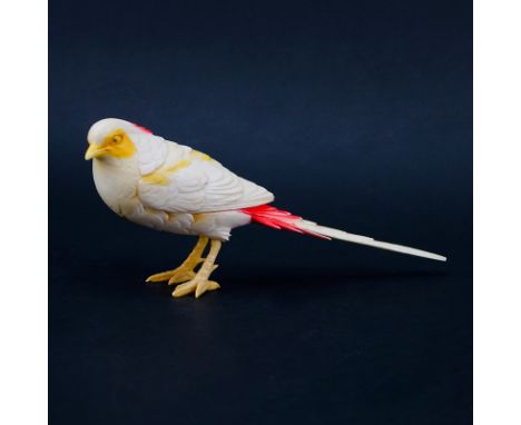 Vintage Chinese Carved Ivory Bird Figurine. Polychrome decorated. Unsigned. Small loss to talon or in good condition. Measure