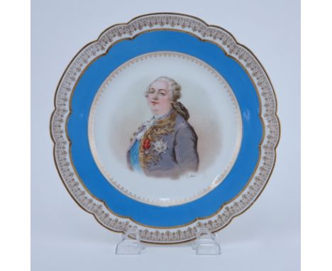 19/20th Century Sevres Portrait Plate. Painted with a bust-length portrait of Louis XVI. Gold decorated blue border. Artist S