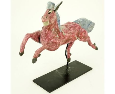 Antique Chinese Glazed Pottery Roof Tile Figurine of a Galloping Horse with Stand. Normal wear to surface. Figurine measures 