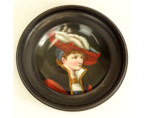 Antique Hand Painted Porcelain Portrait Dish. Unsigned. Split to frame or in good condition. Measures 7" dia including frame.