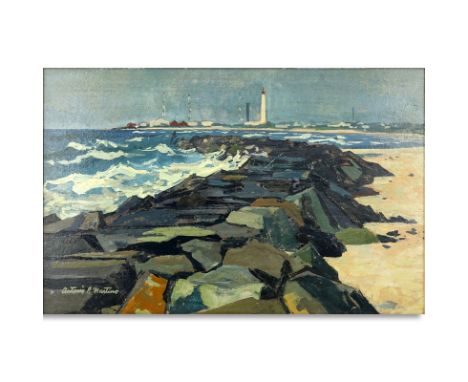 Antonio Pietro Martino, American (1902-1988) Oil on board "Cape May Light". Signed lower left, label en verso. Good condition