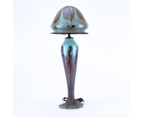 Art Nouveau Style Art Glass Pulled Feather Iridescent Lamp with Shade. Unsigned. Shade has a chip to top with hairlines or el