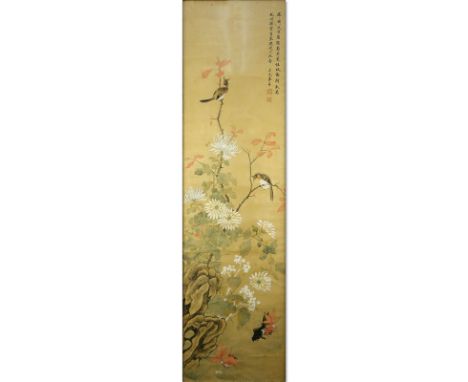 Late 19th or Early 20th Century Chinese Watercolor on Silk Scroll Painting. Red seal stamp marks and handwritten calligraphy 