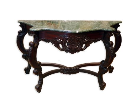 20th Century Carved Mahogany, Marble Top Console Table. Good condition. Measures 32" H x 58" W x 19-5/8" D. Shipping: Third p