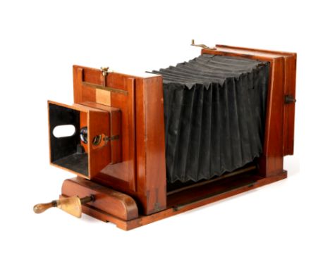 A Large Unmarked Mahogany & Brass Process Camera, with Ross 13in Apo enlarging lens, screw adjustment focussing, snlarging ba