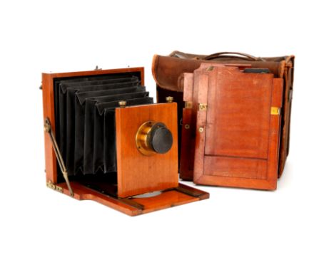 A Hobbies Ltd Half Plate Mahogany Field Camera, 1900, with unmarked rotary Waterhouse stop brass lens, body, G-VG, front stan