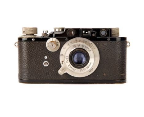 A Leica III Rangefinder Camera, 1933, black/nickel, serial no. 119653, with Leitz Elmar f/3.5 50mm lens, nickel, body, G-VG, 