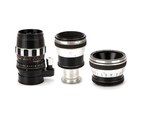 Three Pignons Alpa Mount Lenses, including Schneider Alpa-Tele-Xenar f/3.5 135mm, black, serial no. 7807244, body, G-VG, elem