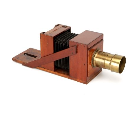 An Unmarked Wet Plate Mahogany Tailbaord Camera, 1850-1860, sliding box design with bellows and single supportive tail brace,