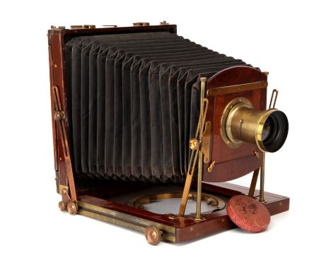 A H. J. Redding Luzo Whole Plate Mahogany Field Camera, 1900-1905, with unmarked f/8 brass lens, body, VG, lens, VG; Marked t