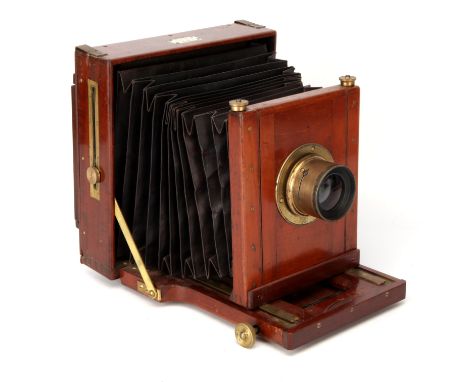 A George Hare New Patent Half Plate Mahogany Field Camera, 1880-1900, with Ross Double Anastigmat f/7.7 10Â½" lens, brass, se