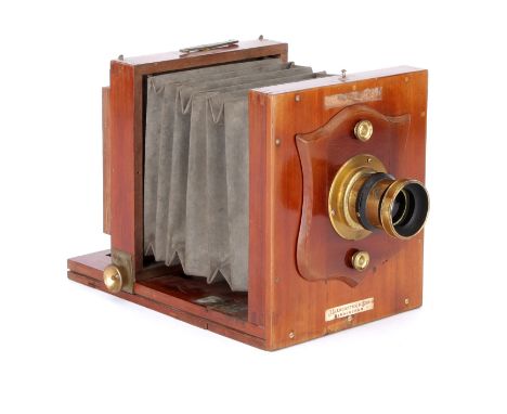 A J. Lancaster & Son 'The Ladies' Quarter Plate Mahogany Tailbaord Camera, 1891, with unmarked f/8 brass lens, body, G-VG, la