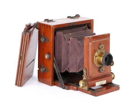 A J. Lancaster & Son Le Meritoire Quarter Plate Mahogany Field Camera, 1887, with unmarked rack & pinion brass lens, body, VG