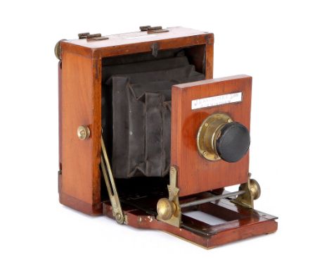 A J. Lancaster & Son Le Merveilleux Quarter Plate Mahogany Field Camera, 1887, with unmarked brass lens, body, G, ground glas