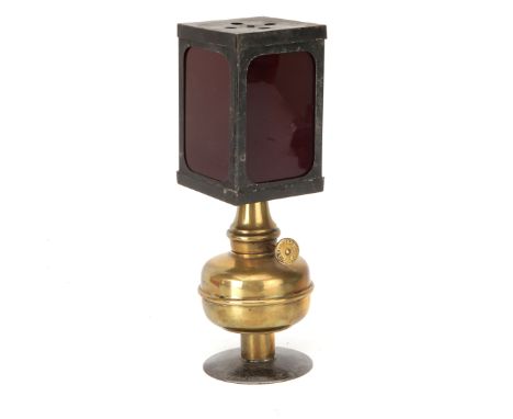 An MB French Lanterne Photographique Carre, darkroom lamp, 1880, brass lamp base with rectangular tin-plate frame, with four 