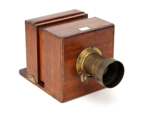 An Unmarked Wet Plate Sliding Box Mahogany Camera, 1864, 5x5", with J. H. Dallmeyer Waterhouse stop lens, brass, serial no. 8