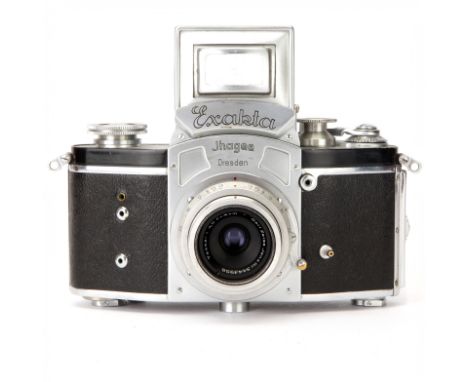 An Ihagee Kine Exakta I Camera, 1937-1940, chrome, serial no. 595769, with Carl Zeiss Jena Tessar T f/4.5 40mm lens, chrome, 