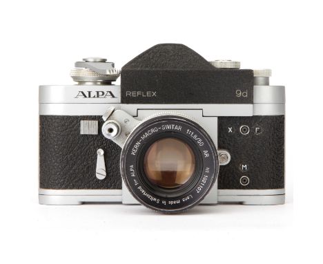 A Pignons Alpa 9d SLR Camera, chrome, serial no. 46749, with Kern-Macro-Switar AR f/1.8 50mm lens, black, serial no. 1021107,