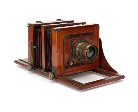 A Fine J. Billcliff Long Focus Half Plate Mahogany Tailbaord Camera, 1887, with unmarked f/8 brass lens, body, VG, lens, F-G,