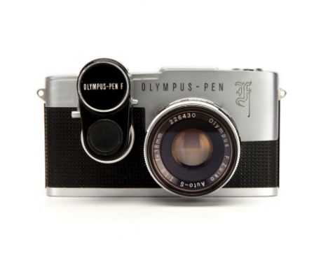 An Olympus Pen F SLR Camera, Gothic 'F', chrome, serial no. 283061, with F.Zuiko Auto-S f/1.8 38mm lens, black, serial no. 22