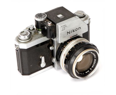 A Nikon F Photomic FTn SLR Camera, chrome, serial no. 7163107, with Nikkor-S f/1.4 50mm lens, chrome, serial no. 327911, body