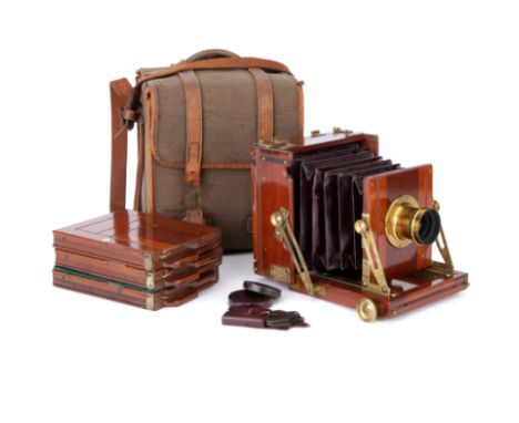 A J. T. Chapman 'The British' Quarter Plate Mahogany Field Camera, 1886, with Wray 5x4 Waterhouse stop lens, brass, serial no