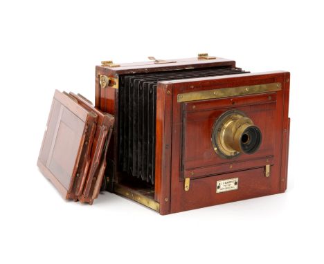 A W. I. Chadwick Patent Mahogany Tailboard Camera, stereo compatible, 1895, with W. I. Chadwick rotary Waterhouse stop 5" len