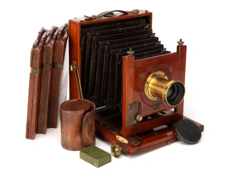 A George Manson & Son Half Plate Mahogany Field Camera, 1899-1902, with unmarked Waterhouse stop brass lens, body, VG, lens, 