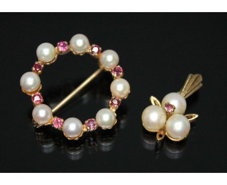 A contemporary culture pearl and ruby brooch and matching pendant, hallmarked 9ct gold, sponsor's initials 'HBJ', London 1983