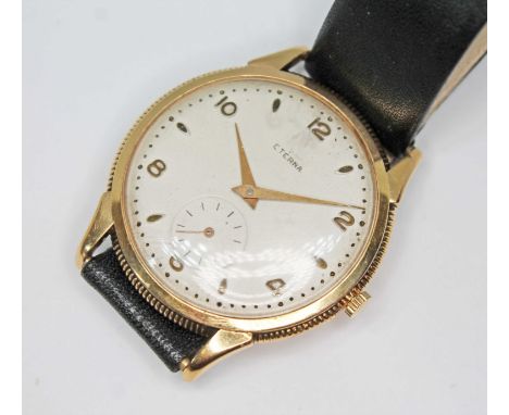 A vintage 18ct gold Eterna wristwatch, 36mm case, signed champagne dial with gold hour markers/numerals, seconds subsidiary a