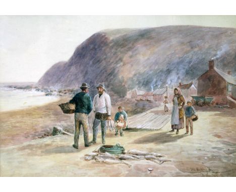 R Douglas (Scottish 19th Century), a set of four watercolours, fishing scenes, 34cm x 24cm, each titled and signed, glazed an