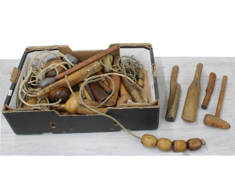 Interesting box of assorted antique treen tools including hammers and mallets, rope pulleys etc; also a wrought iron ladle 
