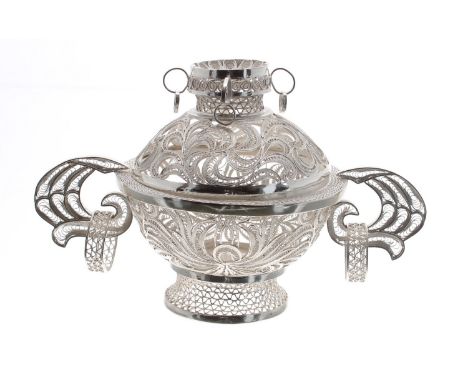 Ornate and fine Chinese silver filigree&nbsp; censer and cover, with twin-handles applied with rings,&nbsp;7" wide, 4.5" high