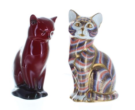 Royal Crown Derby Imari porcelain figure of a seated cat, 5" high; also a Royal Doulton Flambé figure of a cat, four Beswick 