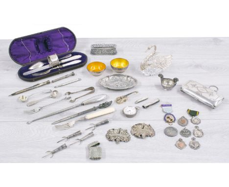 Interesting collection of mixed silver and white metal bijouterie; including pair of enamel sterling dishes, small pocket wat