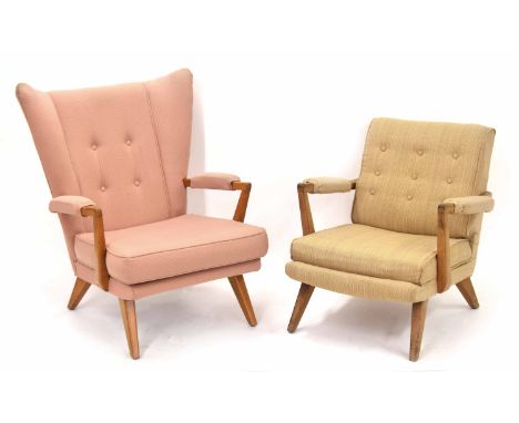 G plan mid-century button upholstered arm chair, 24" wide, 31" deep, 28" high; together with a G plan wing back arm chair, 26