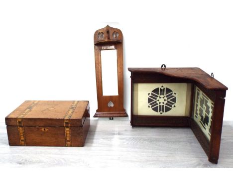 Victorian walnut parquetry inlaid sewing box,&nbsp;12" wide; Art Nouveau narrow bevelled wall mirror/shelf, 18.5" high x 6"; 