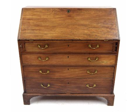 George III mahogany bureau, the fall front enclosing a fitted interior, over four graduated long drawers upon bracket feet, 4
