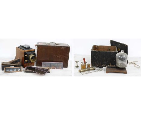 Old wooden cased Magic Lantern&nbsp;in need of restoration; together with a selection of Magic Lantern slides and small selec
