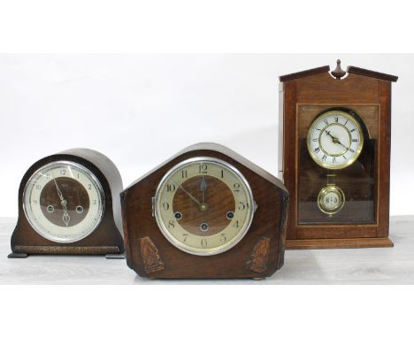 Smiths Enfield two train 1930s oak mantel clock, a 1930s oak three train mantel clock and a shelf clock, 14.5" high (3) 