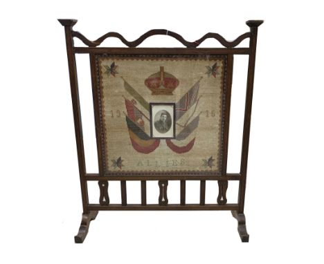 WWI period oak framed fire screen with needlework&nbsp;panel&nbsp;featuring the flags of The WWI Allied Forces,&nbsp;'1916 Al