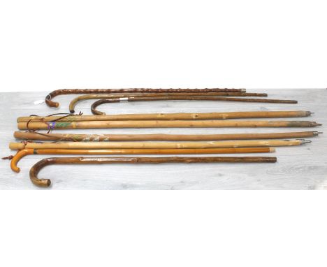 Collection of vintage walking sticks within a circular glazed floral stick stand, the stand 18" high 